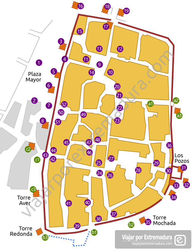 Plano guía recorrido turístico por Cáceres