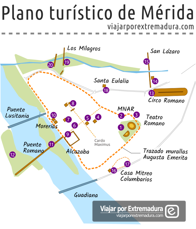 Plano con monumentos de Mérida - Extremadura